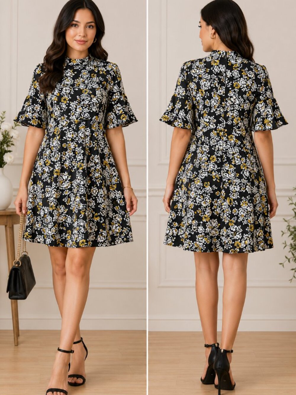 Zara Black Yellow Floral Mock Neck Fit & Flare Skater Dress Size M
